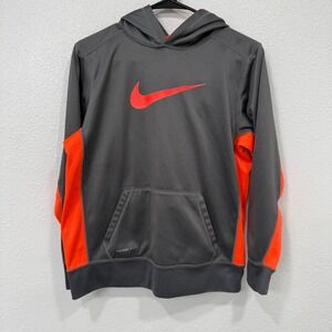 Nike Therma Fit Hoodie Gray‎ Orange Swoosh Athletic Performance Kids XL